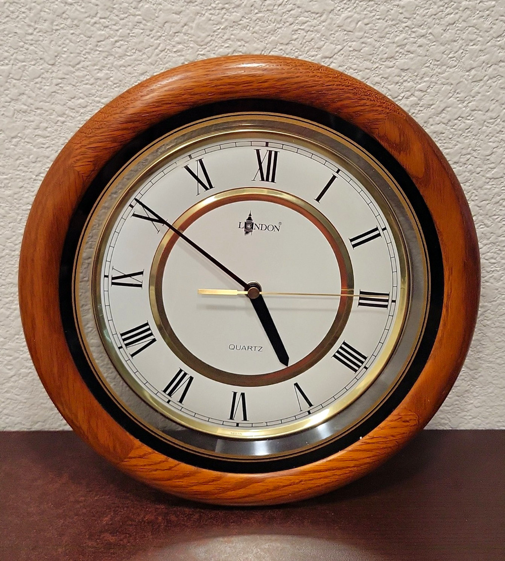 London Quartz Round Hanging Wall Clock Wood Frame Roman Numerals 12 in Brown